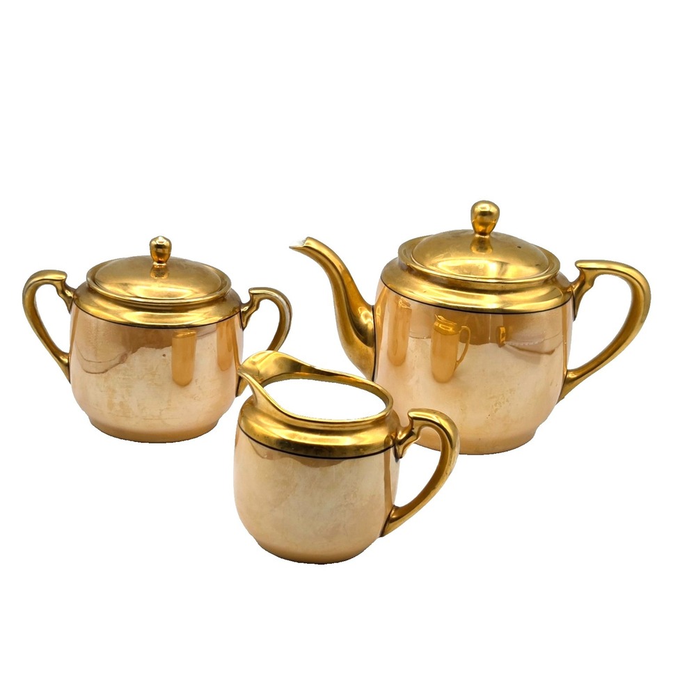 VINTAGE Noritake Teapot & Creamer and Sugar Set with Lids Shiny GOLD Luster